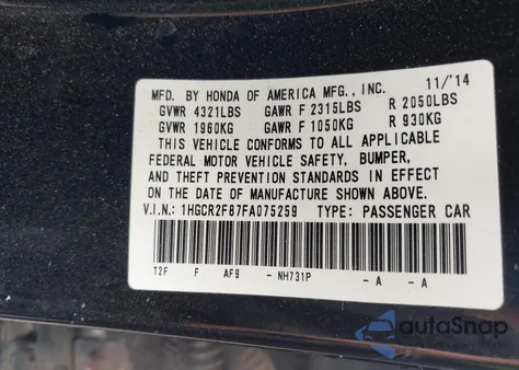 2015 Honda Accord Ex-L from USA, damaged, VIN 1HGCR2F87FA075259